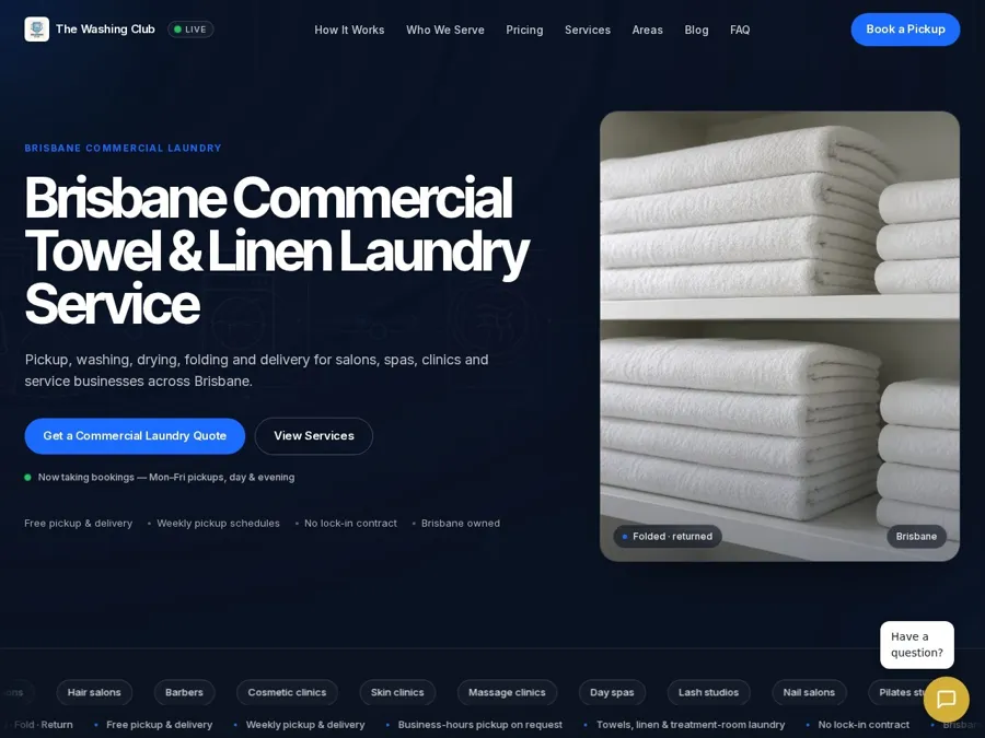 The Washing Club website — Brisbane commercial towel and linen laundry service